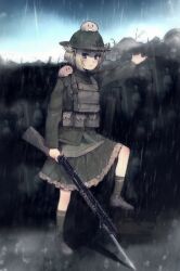 Rule 34 | 1girl, bayonet, black footwear, blue eyes, brown hair, brown socks, closed mouth, combat helmet, commentary, commission, dongsa wonhyong, english commentary, frilled skirt, frills, girls&#039; frontline, green headwear, green jacket, green skirt, gun, helmet, highres, holding, holding gun, holding weapon, jacket, long sleeves, looking at viewer, m1897 (girls&#039; frontline), name connection, object namesake, on head, on shoulder, outdoors, pump action, rain, shoes, shotgun, skirt, socks, solo, trench, united states marine corps, weapon, winchester model 1897, world war i