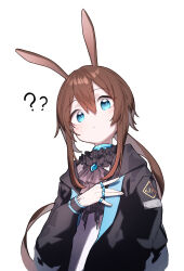 Rule 34 | 1girl, ?, ??, absurdres, amiya (arknights), animal ears, arknights, ascot, beudelb, black jacket, blue ascot, blue collar, blue eyes, brown hair, closed mouth, collar, frilled ascot, frills, hair between eyes, hand on own chest, highres, jacket, jewelry, long hair, looking at viewer, low ponytail, multiple rings, neck ring, purple ascot, rabbit ears, rabbit girl, rhodes island logo (arknights), ring, thumb ring
