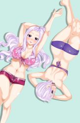Rule 34 | 2girls, absurdres, arm up, ass, barefoot, bikini, blue eyes, blush, bra, breasts, cleavage, closed mouth, collarbone, fairy tail, feet, front-tie bikini top, front-tie bra, front-tie top, hands together, happy, highres, large breasts, light purple hair, lisanna strauss, long hair, looking at viewer, looking back, looking up, lying, midriff, mirajane strauss, multiple girls, navel, on back, on stomach, outstretched arm, panties, short hair, siblings, sideboob, simple background, sisters, smile, swimsuit, topknot, underwear, white hair