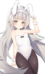 Rule 34 | 1girl, animal ears, arm up, azur lane, bare shoulders, black pantyhose, breasts, brown eyes, cleavage, fake animal ears, gluteal fold, hairband, hand on headwear, highres, legs, leotard, long hair, pantyhose, playboy bunny, rabbit ears, silver hair, simple background, small breasts, solo, strapless, strapless leotard, thick thighs, thigh gap, thighs, tsukimi (xiaohuasan), white background, white leotard, wrist cuffs, z46 (azur lane)