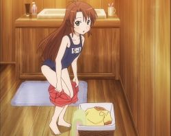 Rule 34 | 1girl, barefoot, basket, bathroom, brown hair, clothes pull, cup, green eyes, highres, indoors, koshigaya komari, long hair, non non biyori, one-piece swimsuit, open mouth, pulled by self, school swimsuit, screencap, shorts, shorts pull, solo, stitched, swimsuit, third-party edit, toothbrush, towel, undressing