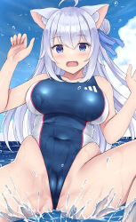 Rule 34 | 1girl, absurdres, ahoge, animal ear fluff, animal ears, blue one-piece swimsuit, blue sky, blush, breasts, cloud, collarbone, commentary request, commission, competition swimsuit, covered navel, cumulonimbus cloud, hair ribbon, highres, horizon, large breasts, long hair, looking at viewer, mizunashi kenichi, ocean, one-piece swimsuit, open mouth, original, outdoors, pixiv commission, ribbon, sidelocks, sitting, sky, solo, spread legs, stomach, swimsuit, water drop, white hair
