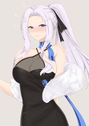 Rule 34 | 1girl, absurdres, alternate costume, azur lane, bare shoulders, black dress, black ribbon, blue eyes, blush, breasts, cleavage, closed mouth, collarbone, commentary request, dress, embarrassed, feather boa, frown, grey background, hair ribbon, high ponytail, highres, large breasts, long hair, looking at viewer, nose blush, parted bangs, ribbon, sidelocks, silver hair, simple background, solo, tastysalt, very long hair, yorktown (azur lane), yorktown (evening i can&#039;t remember) (azur lane)