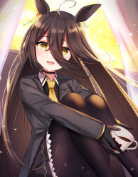 Rule 34 | 1girl, :d, absurdres, ahoge, animal ears, black hair, black jacket, black pantyhose, black skirt, choker, coffee, collared shirt, commentary, cup, curtains, earrings, glint, hair between eyes, highres, holding, holding cup, horse ears, hugging own legs, jacket, jewelry, knees up, long hair, looking at viewer, manhattan cafe (umamusume), multicolored hair, necktie, open mouth, pantyhose, shirt, single earring, sitting, skirt, smile, solo, streaked hair, umamusume, umishima rinta, yellow necktie
