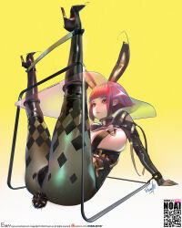 Rule 34 | 1girl, animal ears, ass, bdsm, black footwear, blunt bangs, bondage, boots, bound, breasts, chair, evan lee, fake animal ears, fake tail, full body, gradient background, hat, high heel boots, high heels, highres, human chair, human furniture, large breasts, legs up, leotard, looking at viewer, original, pantyhose, pink hair, qr code, rabbit ears, rabbit tail, red eyes, red hair, short hair, signature, sitting, sitting on person, solo, tail, yellow background