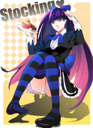 Rule 34 | 10s, 1girl, aqua eyes, bad id, bad pixiv id, blue hair, bow, breasts, checkered background, colored inner hair, dress, female focus, food, fork, fujiwara, full body, gradient background, hair bow, lolita fashion, long hair, multicolored hair, panties, panty &amp; stocking with garterbelt, pantyshot, pink hair, plate, shadow, shoes, single shoe, sitting, solo, stocking (psg), striped clothes, striped panties, striped thighhighs, thighhighs, two-tone hair, underwear, very long hair