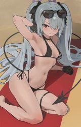 Rule 34 | 1girl, armpits, ass, bare shoulders, barefoot, bikini, black bikini, black gloves, blue archive, blush, choker, clenched hand, eyewear on head, gloves, greyscale, hair over one eye, highres, hood (james x), iori (blue archive), iori (swimsuit) (blue archive), long hair, looking at viewer, monochrome, multi-strapped bikini bottom, navel, red eyes, sitting, solo, sunglasses, swimsuit, tail, thigh strap, towel, twintails