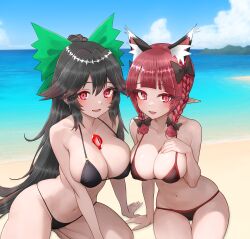 Rule 34 | 2girls, absurdres, animal ear fluff, animal ears, bare shoulders, barefoot, beach, bikini, black bikini, black bow, black hair, blue sky, blunt bangs, blush, bow, braid, breasts, cat ears, cat girl, cleavage, cloud, cloudy sky, collarbone, day, green bow, hair between eyes, hair bow, hand on own chest, highres, hill, kaenbyou rin, kneeling, large breasts, long eyelashes, long hair, looking at viewer, multiple girls, nail polish, navel, ocean, open mouth, outdoors, pointy ears, ponytail, red bikini, red eyes, red hair, reiuji utsuho, sand, sitting, sky, stomach, sugar you, swimsuit, thighs, tongue, touhou, twin braids, water