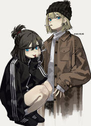 Rule 34 | 2girls, absurdres, beanie, black footwear, black hair, black headwear, black jacket, black shorts, blonde hair, blue eyes, brown coat, cigarette, coat, commentary request, dated, earrings, grey background, hair between eyes, hat, highres, holding, holding cigarette, jacket, jewelry, long sleeves, looking at viewer, medium hair, mole, mole under eye, multiple girls, original, shoes, short hair, short ponytail, shorts, simple background, sleeves past wrists, smoking, sneakers, socks, squatting, striped clothes, striped jacket, sweater, tongue, tongue out, track jacket, white legwear, white sweater, yoon cook