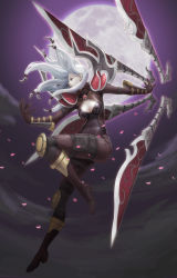 Rule 34 | 1girl, alternate costume, armor, blade, bodysuit, boots, breasts, brown eyes, cherry blossoms, cleavage, cleavage cutout, clothing cutout, heart, highres, irelia, knee pads, league of legends, legs, long hair, loped, moon, night, nightblade irelia, pale skin, pauldrons, shoulder armor, shoulder pads, solo, white hair