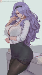 Rule 34 | 1girl, black bra, black hairband, black skirt, bra, bra visible through clothes, breasts, camilla (fire emblem), cutesexyrobutts, fire emblem, fire emblem fates, formal, hair over one eye, hairband, highres, jewelry, lace, lace-trimmed legwear, lace trim, large breasts, light smile, long hair, mouth hold, nail polish, necklace, nintendo, office lady, pen, purple hair, red eyes, see-through, shirt tucked in, skirt, smile, solo, thighhighs, underwear, wavy hair