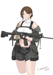 1girl bare_shoulders belt black_belt black_gloves black_shorts breasts brown_eyes brown_hair clothes_pull commentary cropped_legs cropped_sweater english_commentary expressionless fingerless_gloves gauntlets gloves green_jacket gun highres holding holding_gun holding_weapon jacket jacket_pull large_breasts lips long_hair looking_at_viewer navel open_clothes open_jacket open_mouth original parted_lips seilindekos shorts simple_background single_gauntlet solo standing stomach sweater_vest weapon weapon_request white_background white_sweater_vest