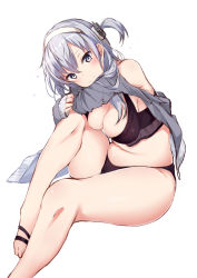 Rule 34 | 1girl, alternate costume, bare shoulders, bikini, bikini under clothes, black headband, blush, breasts, cleavage, closed mouth, commentary request, hair between eyes, hair flaps, headband, highres, jacket, kantai collection, large breasts, long hair, long sleeves, looking at viewer, navel, one side up, silver hair, simple background, sitting, smile, solo, suzutsuki (kancolle), swimsuit, swimsuit under clothes, white background, yukishiro arte