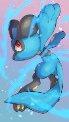 Rule 34 | aura, black fur, blue background, blue fur, blue tail, creatures (company), game freak, gen 4 pokemon, gradient background, highres, looking at viewer, nintendo, no humans, nullma, open mouth, pink background, pokemon, pokemon (creature), red eyes, riolu, solo, two-tone background, two-tone fur