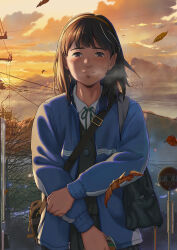 Rule 34 | 1girl, absurdres, backlighting, bare tree, black eyes, black hair, blush, breath, bus stop sign, can, cloud, evening, hairband, highres, holding, holding can, holding own arm, isai shizuka, jacket, leaf, light smile, looking at viewer, mountain, mountainous horizon, neck ribbon, open clothes, open jacket, original, power lines, ribbon, rural, school uniform, sky, track jacket, tree, twilight, utility pole, vending machine, wind