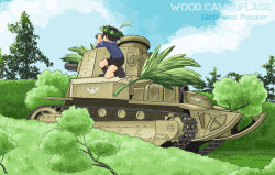 Rule 34 | 1girl, aoneco, bike shorts, binoculars, bird, black footwear, blue jacket, blue sky, boots, brown hair, character name, cloud, cloudy sky, commentary request, day, duck, emblem, english text, girls und panzer, head wreath, holding, holding binoculars, isobe noriko, jacket, military, military uniform, military vehicle, motor vehicle, ooarai military uniform, outdoors, partial commentary, short hair, sky, sleeves rolled up, solo, squatting, tank, tree, type 89 i-gou, uniform