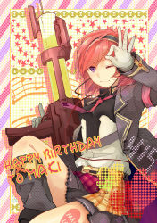 Rule 34 | 10s, 1girl, absurdres, belt, birthday, cannon, character name, dated, english text, gloves, happy birthday, headphones, highres, jacket, looking at viewer, love live!, love live! school idol festival, love live! school idol project, necktie, nishikino maki, ok sign, one eye closed, purple eyes, red hair, short hair, skirt, smile, solo, star (symbol), swept bangs, syringe, tiantiansi