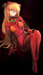 Rule 34 | 1girl, arm support, between legs, black background, blue eyes, bodysuit, bracer, breasts, breasts apart, commentary, full body, hair between eyes, hair ornament, hairclip, hand between legs, head tilt, highres, interface headset, invisible chair, leaning to the side, legs together, long hair, multicolored bodysuit, multicolored clothes, neon genesis evangelion, open mouth, orange bodysuit, orange hair, plugsuit, red bodysuit, shiny clothes, sidelocks, simple background, sitting, skin tight, solo, souryuu asuka langley, two side up, untue, very long hair, wide hips