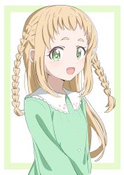 1girl :d absurdres blonde_hair braid buttons dress flower_(symbol) green_dress green_eyes highres inose_mai koisuru_asteroid long_hair long_sleeves looking_at_viewer open_mouth simple_background smile solo twin_braids uchuu_no_mozuku white_background