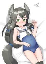 Rule 34 | 1girl, absurdres, black hair, black thighhighs, blue one-piece swimsuit, crop top, flat chest, green eyes, grey neckerchief, hair ribbon, headgear, highres, i-47 (kancolle), kantai collection, long hair, low-tied long hair, lying, maru (marg0613), neckerchief, one-hour drawing challenge, one-piece swimsuit, over-kneehighs, ribbon, sailor collar, sailor shirt, school swimsuit, shirt, sidelocks, sleeveless, sleeveless shirt, solo, swimsuit, thighhighs, tress ribbon, white sailor collar