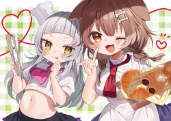 Rule 34 | 2girls, :p, ;d, animal ears, ascot, blunt bangs, blush, bone hair ornament, braid, breasts, brown hair, child, chocolate cornet, croissant, crop top, dog ears, dog girl, doughnut, fangs, food, grey hair, hair ornament, heart, highres, holding, hololive, inugami korone, long hair, low twin braids, medium breasts, midriff, multiple girls, murasaki shion, navel, noi mine, one eye closed, open mouth, pink ascot, red ascot, red eyes, shirt, short sleeves, skin fangs, smile, tongue, tongue out, twin braids, twintails, upper body, virtual youtuber, white shirt, yellow eyes