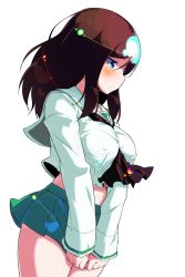 Rule 34 | 10s, 1girl, alternate costume, black hair, black neckerchief, blouse, blue eyes, blush, breasts, closed mouth, commentary request, covering crotch, covering privates, cowboy shot, dutch angle, from side, frown, girls und panzer, green skirt, highres, large breasts, long hair, long sleeves, looking to the side, microskirt, midriff, neckerchief, nonna (girls und panzer), ooarai school uniform, pleated skirt, school uniform, serafuku, shirt, simple background, skirt, skirt tug, solo, standing, sw (taco), swept bangs, white background, white shirt