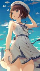Rule 34 | 1girl, ahoge, aqua eyes, arm up, bare arms, bare shoulders, blue ribbon, blue sky, breasts, brown hair, buttons, cloud, collarbone, cowboy shot, day, dress, hat, highres, hyuuga azuri, jewelry, lighthouse, looking away, neck ribbon, necklace, original, parted lips, ribbon, sailor collar, sailor dress, sailor hat, short hair, silhouette, sky, sleeveless, sleeveless dress, small breasts, solo, standing, thighs, white dress, white hat, white sailor collar, wristband