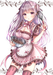 Rule 34 | 1girl, absurdres, apron, bowl, brown eyes, brown hair, chocolate, frills, highres, holding, holding bowl, holding whisk, kano (kannoyoko), looking at viewer, maid, original, solo, thighhighs, valentine, whisk, white background