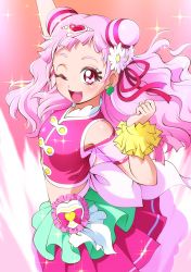 Rule 34 | 10s, 1girl, ;d, arm up, back bow, bow, cone hair bun, cowboy shot, cure yell, double bun, earrings, eyelashes, flower, hair bun, hair flower, hair ornament, hair ribbon, heart, heart hair ornament, highres, hugtto! precure, jewelry, layered skirt, long hair, looking at viewer, magical girl, mattsua, nono hana, one eye closed, open mouth, pink background, pink eyes, pink hair, pink shirt, pink skirt, pink theme, pleated skirt, precure, red ribbon, ribbon, shirt, skirt, sleeveless, sleeveless shirt, smile, solo, sparkle, white bow, wrist cuffs