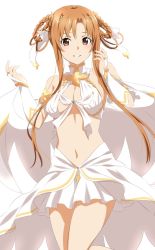 Rule 34 | 1girl, alternate hairstyle, asuna (sao), asymmetrical bangs, bare shoulders, braid, braided hair rings, breasts, brown eyes, cleavage, cosplay, cowboy shot, dars (recolors), dress, elbow gloves, eyebrows hidden by hair, fingerless gloves, french braid, gloves, half updo, hands up, highres, light blush, long hair, looking at viewer, medium breasts, midriff, navel, orange hair, parted lips, ribbon, sidelocks, simple background, sitting, smile, solo, sword art online, twin braids, white background, white dress, white ribbon, yui (ceremonial) (princess connect!), yui (princess connect!), yui (princess connect!) (cosplay)