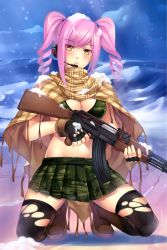 Rule 34 | 1girl, ak-47, akm, assault rifle, bikini, bikini top only, black thighhighs, blush, boots, breasts, brown eyes, camouflage, cleavage, cold, drill hair, fingerless gloves, gloves, gun, headset, highres, holding, holding gun, holding weapon, kalashnikov rifle, kneeling, looking at viewer, medium breasts, microphone, original, pink hair, pleated skirt, rifle, shawl, skirt, snow, snow on head, solo, swimsuit, thighhighs, tonee, torn clothes, torn thighhighs, trigger discipline, twin drills, twintails, weapon, zettai ryouiki