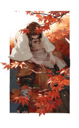 Rule 34 | autumn, autumn leaves, bandages, black gloves, black hair, black shirt, border, brown hair, closed eyes, closed mouth, coat, commentary request, facial hair, fingerless gloves, gloves, grey hair, grey scarf, hands on another&#039;s chest, highres, japanese clothes, kimono, kiss, kissing forehead, kuro the divine heir, leaf, long sleeves, lying, male focus, multicolored hair, on back, orange coat, outside border, sash, scarf, sekiro, sekiro: shadows die twice, shirt, torn clothes, torn coat, two-tone hair, vetania, white border, white kimono, wide sleeves, yaoi