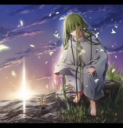 Rule 34 | 1other, absurdres, androgynous, bad id, bad pixiv id, cloud, enkidu (fate), fate/strange fake, fate (series), grass, green eyes, green hair, highres, letterboxed, light rays, long hair, nekushiro, robe, smile, solo, squatting, star (sky), sunbeam, sunlight, sunrise