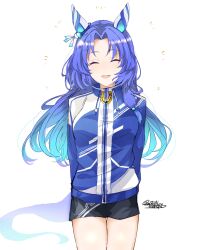 Rule 34 | 1girl, ^ ^, animal ears, black shorts, blue hair, blue jacket, closed eyes, cowboy shot, ear covers, facing viewer, godolphin barb (umamusume), gradient hair, highres, horse ears, horse girl, horseshoe ornament, jacket, long hair, mengo (captainmeteor6), multicolored hair, shorts, solo, track jacket, twitter username, umamusume