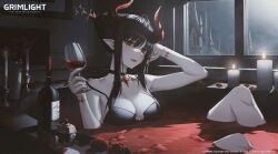 Rule 34 | 1girl, artist request, bath, bath of blood, black choker, black hair, blood, bottle, breasts, candle, choker, cleavage, commentary, cup, drinking glass, elizabeth bathory (grimlight), english commentary, fang, grimlight, hair bun, highres, horns, large breasts, looking at viewer, official art, pointy ears, red eyes, red horns, sidelocks, single hair bun, smile, solo, wine bottle, wine glass