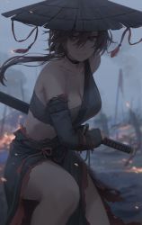 Rule 34 | 1girl, absurdres, bare shoulders, black hair, blurry, breasts, brown eyes, cleavage, collarbone, commentary, depth of field, detached sleeves, fighting stance, free style (yohan1754), hair between eyes, highres, ichimegasa, katana, large breasts, long hair, looking at viewer, original, ponytail, ready to draw, samurai, sheath, skirt, solo, sword, thighs, torn clothes, weapon