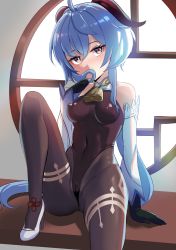 Rule 34 | 1girl, bare shoulders, bell, black pantyhose, blue hair, blush, breasts, brown eyes, cameltoe, covered erect nipples, cowbell, detached sleeves, evasong, ganyu (genshin impact), genshin impact, gloves, hair over mouth, half-closed eyes, highres, holding, holding hair, horns, knee up, leotard, long hair, looking at viewer, low ponytail, medium breasts, neck bell, pantyhose, ponytail, shiny clothes, shiny skin, sitting, skin tight, solo, table, very long hair