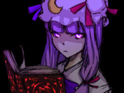 Rule 34 | 1girl, book, crescent, crescent hat ornament, female focus, glowing, glowing eyes, hat, hat ornament, long hair, patchouli knowledge, purple eyes, purple hair, ribbon, simple background, solo, touhou, verynezumi