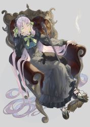 Rule 34 | 1girl, absurdly long hair, absurdres, arm support, bad id, bad pixiv id, black cat, black footwear, bow, bowtie, buttons, cat, chair, cigarette, closed mouth, commentary, couch, crossed legs, dress, frilled dress, frills, green bow, green bowtie, green hair, grey background, grey dress, hair bow, hand up, highres, kurohal, long dress, long hair, long sleeves, looking away, maid, maid headdress, mop, multicolored hair, original, parted bangs, pink hair, shoes, sideways glance, simple background, sitting, solo, two-tone hair, very long hair