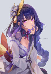 Rule 34 | 1girl, absurdres, ai dongdong, breasts, cleavage, closed mouth, commentary request, cowboy shot, flower, genshin impact, grey background, hair flower, hair ornament, hand on own face, hand up, highres, japanese clothes, kimono, long hair, long sleeves, looking at viewer, low-braided long hair, low-tied long hair, medium breasts, obi, obijime, pink eyes, purple flower, purple hair, purple kimono, purple nails, raiden shogun, sash, signature, simple background, solo, tassel, very long hair, wide sleeves