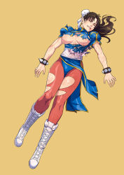 Rule 34 | absurdres, blood, blood on arm, blue dress, boots, bracelet, brown hair, brown pantyhose, bun cover, capcom, china dress, chinese clothes, chun-li, cirenk, closed eyes, cross-laced footwear, defeat, double bun, dress, earrings, hair bun, hair pulled back, highres, jewelry, k.o., long hair, lying, pantyhose, pelvic curtain, puffy short sleeves, puffy sleeves, sash, short sleeves, side slit, simple background, spiked bracelet, spikes, street fighter, street fighter ii (series), torn clothes, unconscious, white footwear, yellow background