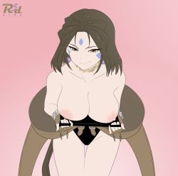 Rule 34 | 1girl, aa megami-sama, absurdres, bare shoulders, black one-piece swimsuit, breasts, brown eyes, brown hair, choker, earrings, facial mark, fingerless gloves, flashing, forehead mark, gloves, harness, highres, jewelry, large breasts, leaning forward, long hair, looking at viewer, nipples, one-piece swimsuit, peorth (aa megami-sama), ponytail, r3dfive, reveal, simple background, smirk, swimsuit