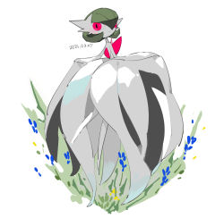 Rule 34 | 1girl, apios, bare shoulders, blue flower, blush, bob cut, closed mouth, clothes lift, colored skin, creatures (company), dated, dress, dress lift, elbow gloves, female focus, flower, from behind, full body, game freak, gardevoir, gen 3 pokemon, gloves, grass, green hair, hair over one eye, highres, lifting own clothes, light blush, looking back, mega gardevoir, mega pokemon, nintendo, pokemon, pokemon (creature), red eyes, short hair, simple background, sketch, solo, standing, strapless, strapless dress, white background, white dress, white gloves, white skin, yellow flower