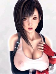 Rule 34 | 1990s (style), 1girl, 3d, black hair, breasts, brown eyes, brown hair, cleavage, covered erect nipples, elbow gloves, final fantasy, final fantasy vii, fingerless gloves, gloves, incise soul, large breasts, lips, long hair, looking at viewer, m-rs, nipples, retro artstyle, see-through, solo, suspenders, tifa lockhart