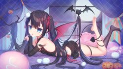 Rule 34 | 1girl, :p, bare shoulders, barefoot, black dress, black hair, black thighhighs, blue eyes, branch, breasts, bridal gauntlets, cat hair ornament, chi yei, closed mouth, commentary request, copyright request, curtains, demon girl, demon tail, demon wings, dress, full moon, hair between eyes, hair ornament, hair ribbon, hands up, highres, indoors, jack-o&#039;-lantern, long hair, lying, medium breasts, moon, night, no shoes, on stomach, red ribbon, red wings, ribbon, single thighhigh, smile, soles, solo, tail, thigh strap, thighhighs, tongue, tongue out, twintails, very long hair, virtual youtuber, window, wings