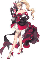 Rule 34 | 1girl, agnes (chaos online), blonde hair, blue eyes, breasts, chaos online, choker, crossed legs, elbow gloves, full body, gloves, gun, high heels, highres, large breasts, long hair, long legs, love cacao, official art, pinky out, pointy ears, ponytail, simple background, solo, watson cross, weapon, white background