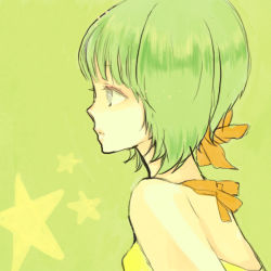 Rule 34 | 00s, alternate eye color, bad id, bad pixiv id, eimi (oreimos), from side, green background, green hair, green theme, halterneck, lowres, macross, macross frontier, ranka lee, short hair, solo, some shoku, star (symbol)