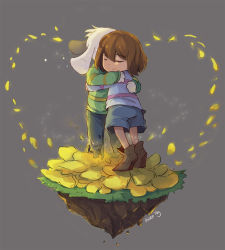 Rule 34 | 1boy, a-wen, androgynous, artist name, asriel dreemurr, brown hair, closed eyes, disintegration, flower, frisk (undertale), full body, furry, furry male, grass, grey background, hair between eyes, heart, hug, long sleeves, monster boy, pants, petals, shirt, short hair, shorts, simple background, smile, spoilers, striped clothes, striped shirt, sweater, tiptoes, torn clothes, torn pants, undertale