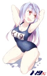 Rule 34 | 10s, 1girl, :d, alternate hairstyle, arms behind head, arms up, bad id, bad twitter id, breasts, character name, cleavage, collarbone, female focus, full body, hair down, hair ornament, i-19 (kancolle), kantai collection, kneeling, large breasts, light purple hair, long hair, looking away, name tag, one-piece swimsuit, open mouth, red eyes, school swimsuit, shigino sohuzi, simple background, smile, solo, swimsuit, unworn hair ornament, wet