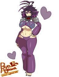 Rule 34 | 1girl, agawa ryou, artist name, bad id, bad tumblr id, barefoot, borrowed character, breasts, curvy, desdemona (tenk), desdemona finit, full body, grin, hand on own hip, heart, hip vent, large breasts, looking at viewer, midriff, nail polish, navel, original, purple eyes, purple hair, sharp toenails, short hair, simple background, smile, solo, standing, thick thighs, thighs, toenail polish, toenails, underboob, watermark, web address, white background, wide hips